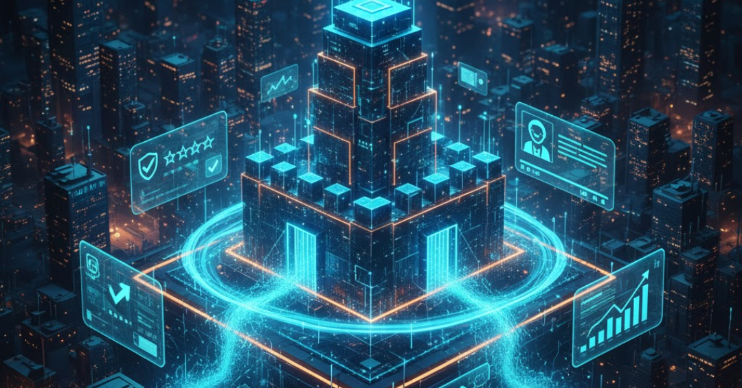 A digital illustration showing a glowing AI brain connected to social media icons, star ratings, and a city skyline, representing online reputation management in 2026 for Critter Control Digital.