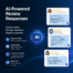 Digital interface showing AI technology assisting with professional online review responses, featuring customer feedback cards and clean blue design elements.